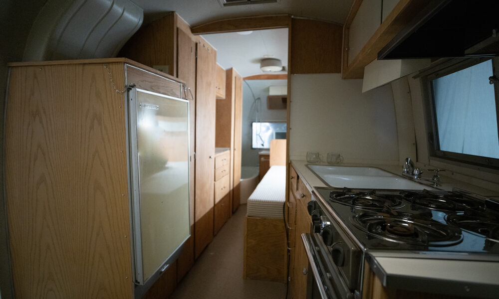 View from inside vintage Airstream travel trailer